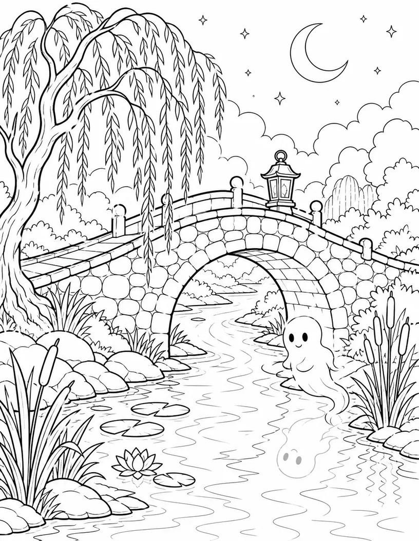 Black-and-white coloring illustration of a misty haunted river beneath an old stone bridge with a lantern, willow tree, moon, and gentle ghostly reflection