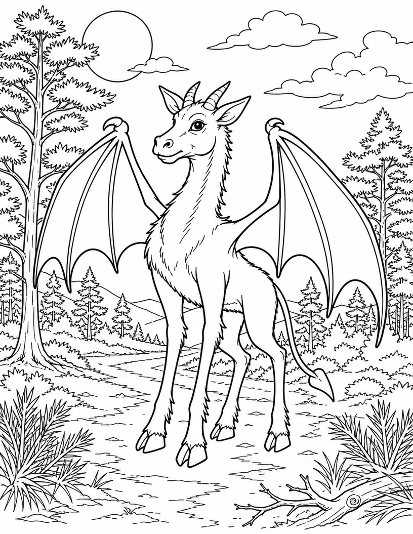 Black-and-white coloring illustration of the Jersey Devil standing in a moonlit New Jersey Pine Barrens clearing with wings, pine trees, and a winding path