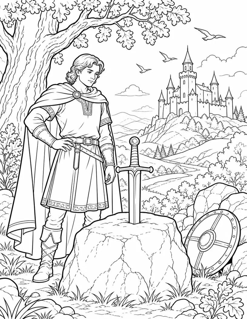 Black-and-white coloring illustration of King Arthur beside the sword in the stone with a castle, oak trees, hills, and a round shield