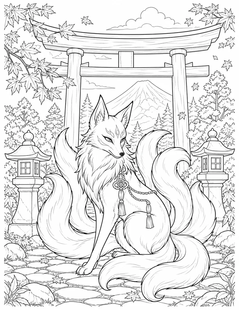 Black-and-white coloring illustration of an elegant multi-tailed Kitsune fox spirit beneath a torii gate with lanterns, maple leaves, and mountains