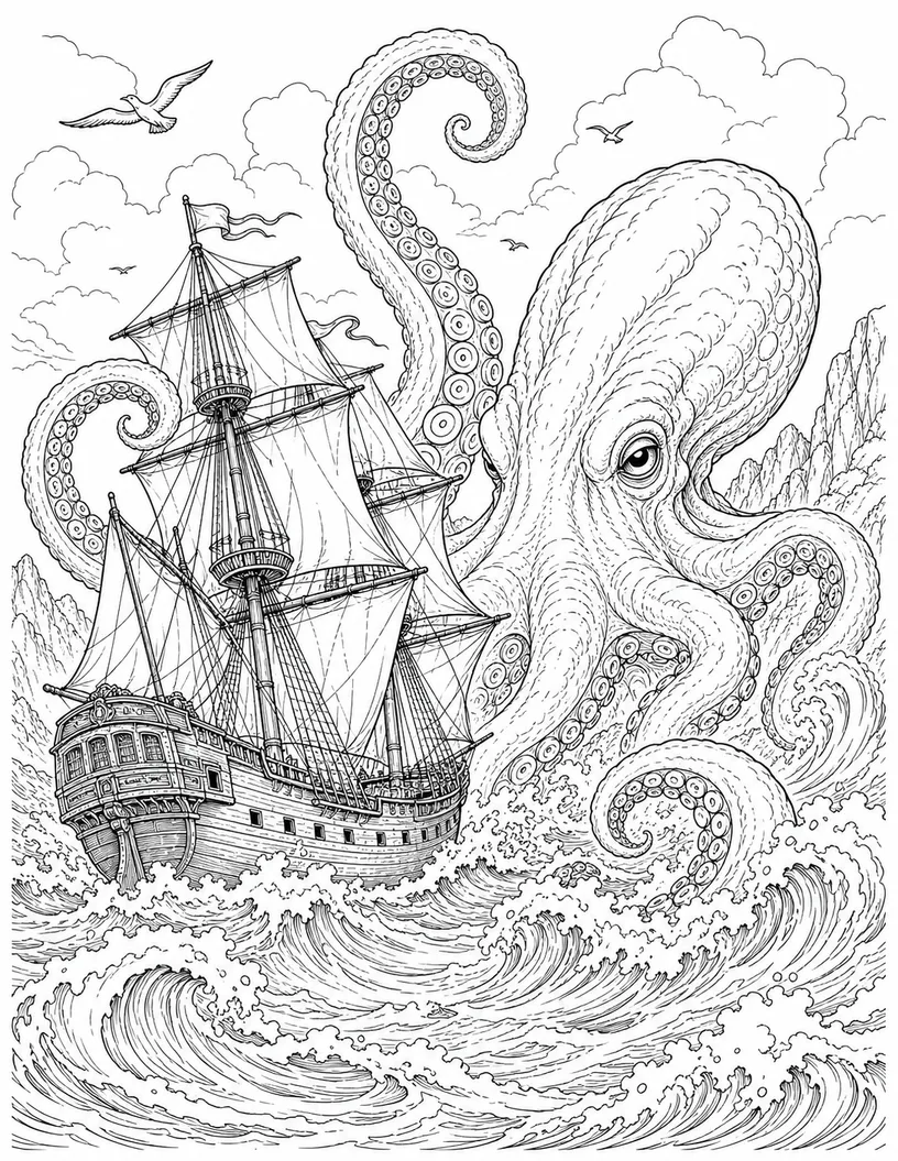 Black-and-white coloring illustration of a giant Kraken rising beside a tall wooden sailing ship, waves, and a rocky coast