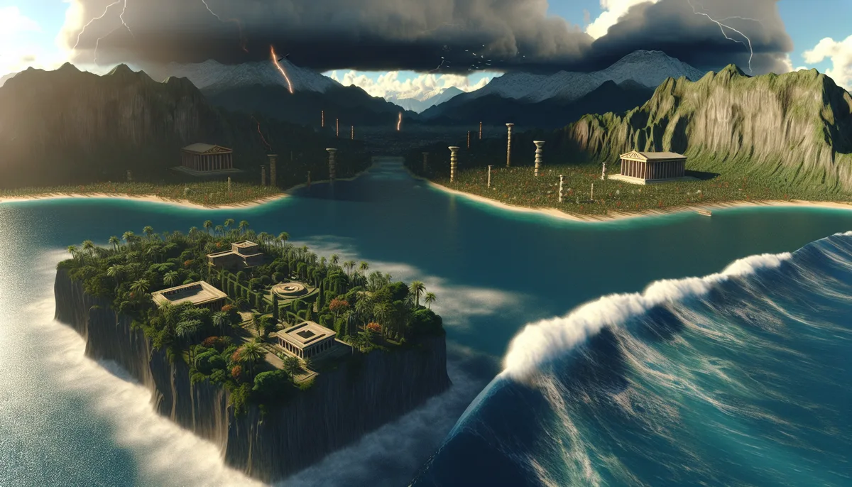 A digital illustration of a mythical cityscape, believed to represent Atlantis, featuring a lush island with ancient Greco-Roman structures surrounded by water. The island is adorned with elaborate landscaping, and in the background, a stormy sky looms over coastal lands with more classical buildings and mountainous terrain. Lightning strikes and dark clouds add a dramatic atmosphere, with large waves approaching the island.