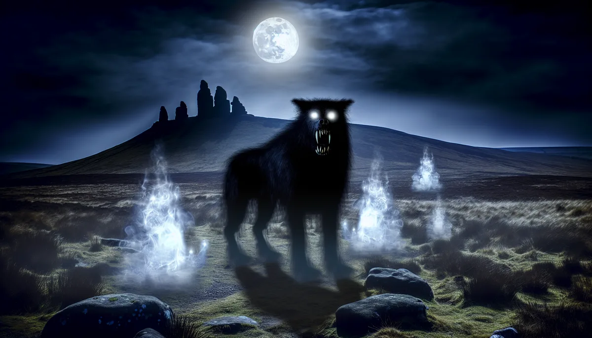 Alt Text: "A dark, eerie landscape under a full moon features a menacing Barghest, a large spectral black dog with glowing eyes and sharp teeth. Ghostly apparitions hover around the creature, while a hill with stone formations looms in the background."