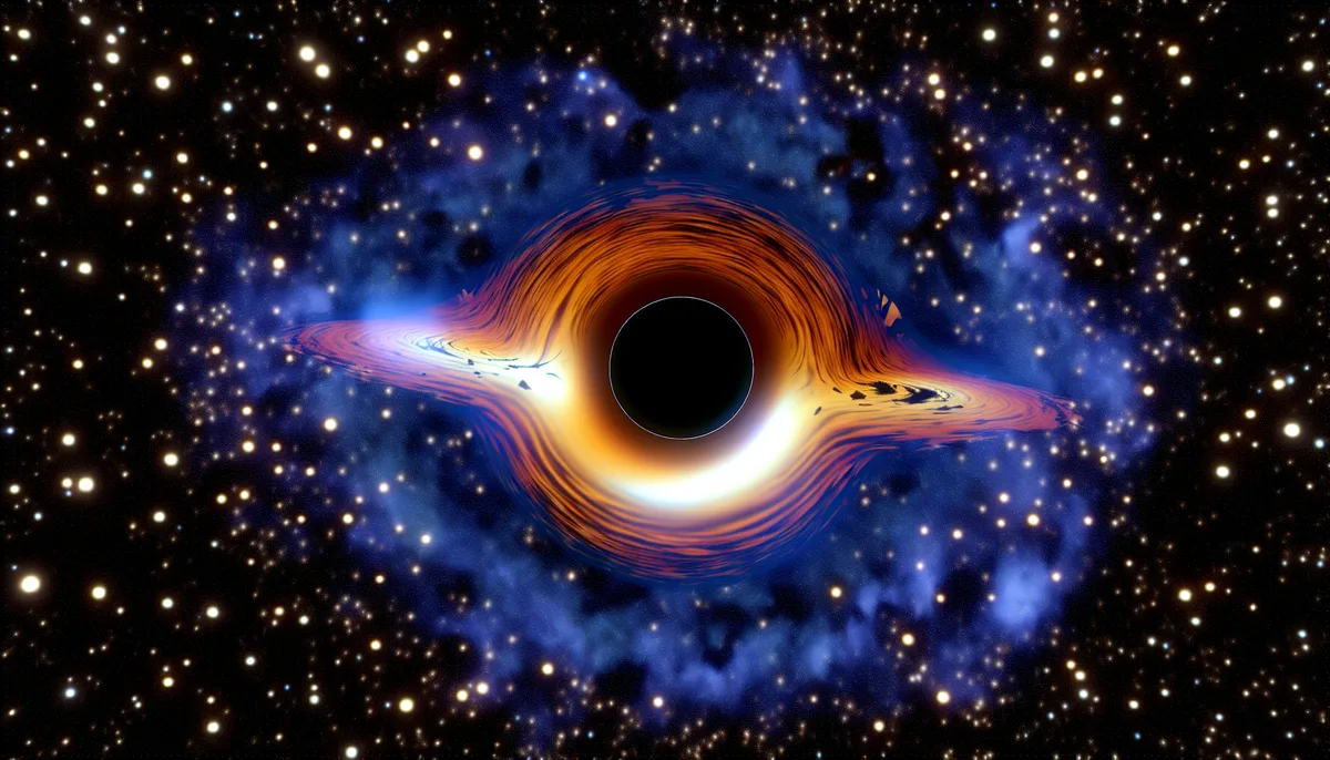 Alt Text: An illustration of a black hole in space. The black hole is depicted with a dark center surrounded by an intensely colored accretion disk, which displays vibrant shades of orange, yellow, and white. Around the accretion disk, there is a blue and purple halo of gas and dust. The background is filled with numerous stars scattered across the dark expanse of space.