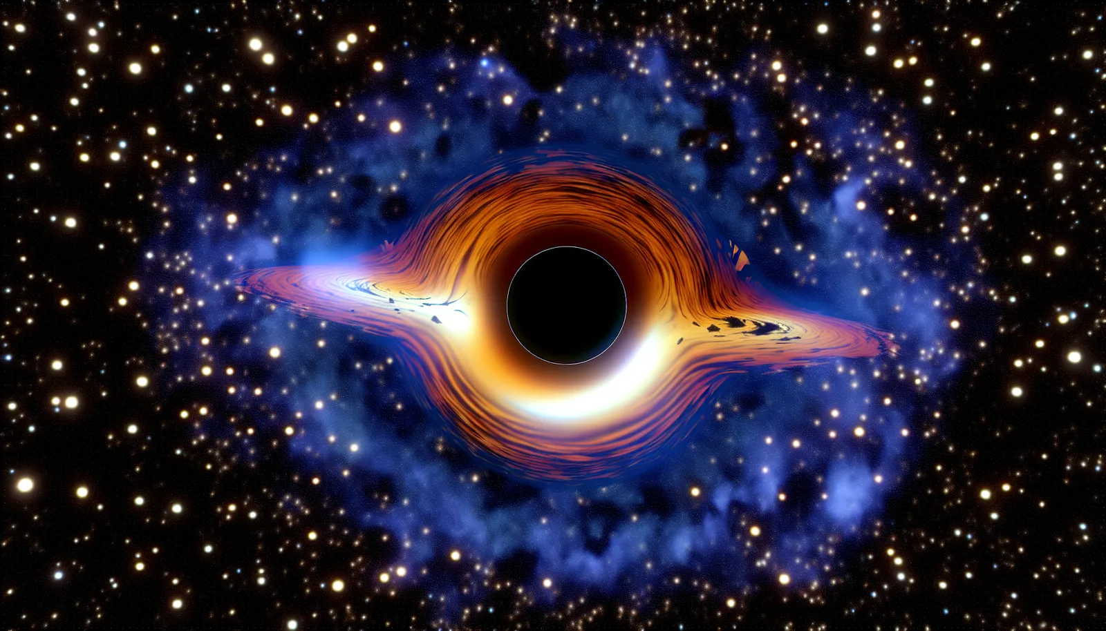 Alt Text: An illustration of a black hole in space. The black hole is depicted with a dark center surrounded by an intensely colored accretion disk, which displays vibrant shades of orange, yellow, and white. Around the accretion disk, there is a blue and purple halo of gas and dust. The background is filled with numerous stars scattered across the dark expanse of space.