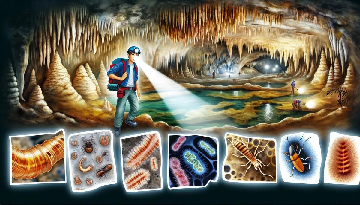 Alt Text: "Illustration titled 'Cave Discoveries' showing a group of explorers inside an illuminated cave with stalactites and stalagmites. The main explorer in the foreground shines a headlamp onto a subterranean pool while other explorers search around. Below the scene are detailed close-ups of various underground organisms and cave life."