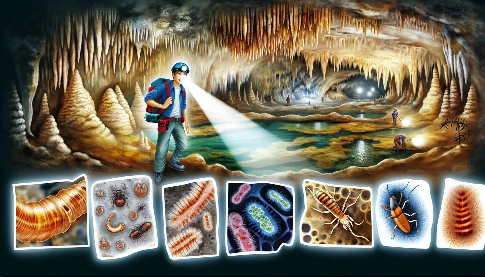 Alt Text: "Illustration titled 'Cave Discoveries' showing a group of explorers inside an illuminated cave with stalactites and stalagmites. The main explorer in the foreground shines a headlamp onto a subterranean pool while other explorers search around. Below the scene are detailed close-ups of various underground organisms and cave life."
