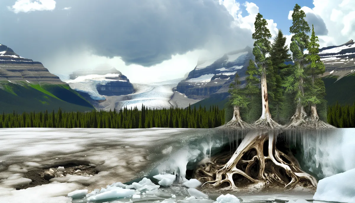 Alt Text: A dramatic scene depicting climate change, where a large glacier flanked by mountain ranges and evergreen forests is rapidly melting. In the foreground, the melting ice reveals large tree roots penetrating the ice, symbolizing the impact of climate change on the environment. Dark storm clouds loom overhead, adding to the ominous atmosphere.