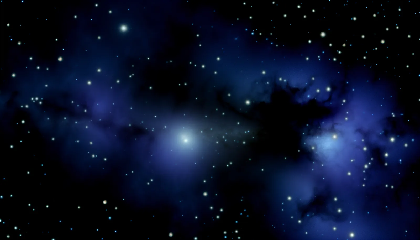 Alt Text: An artistic representation of a galaxy, possibly illustrating the Cosmic Dark Ages, with bright white stars scattered across a dark blue background filled with patches of light and dark nebulae.