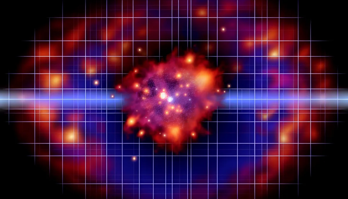 Alt Text: "A vibrant and abstract depiction of cosmic inflation, showcasing a bright, energetic burst of orange, red, and purple colors against a dark background with a grid overlay, signifying the rapid expansion of the universe immediately after the Big Bang."
