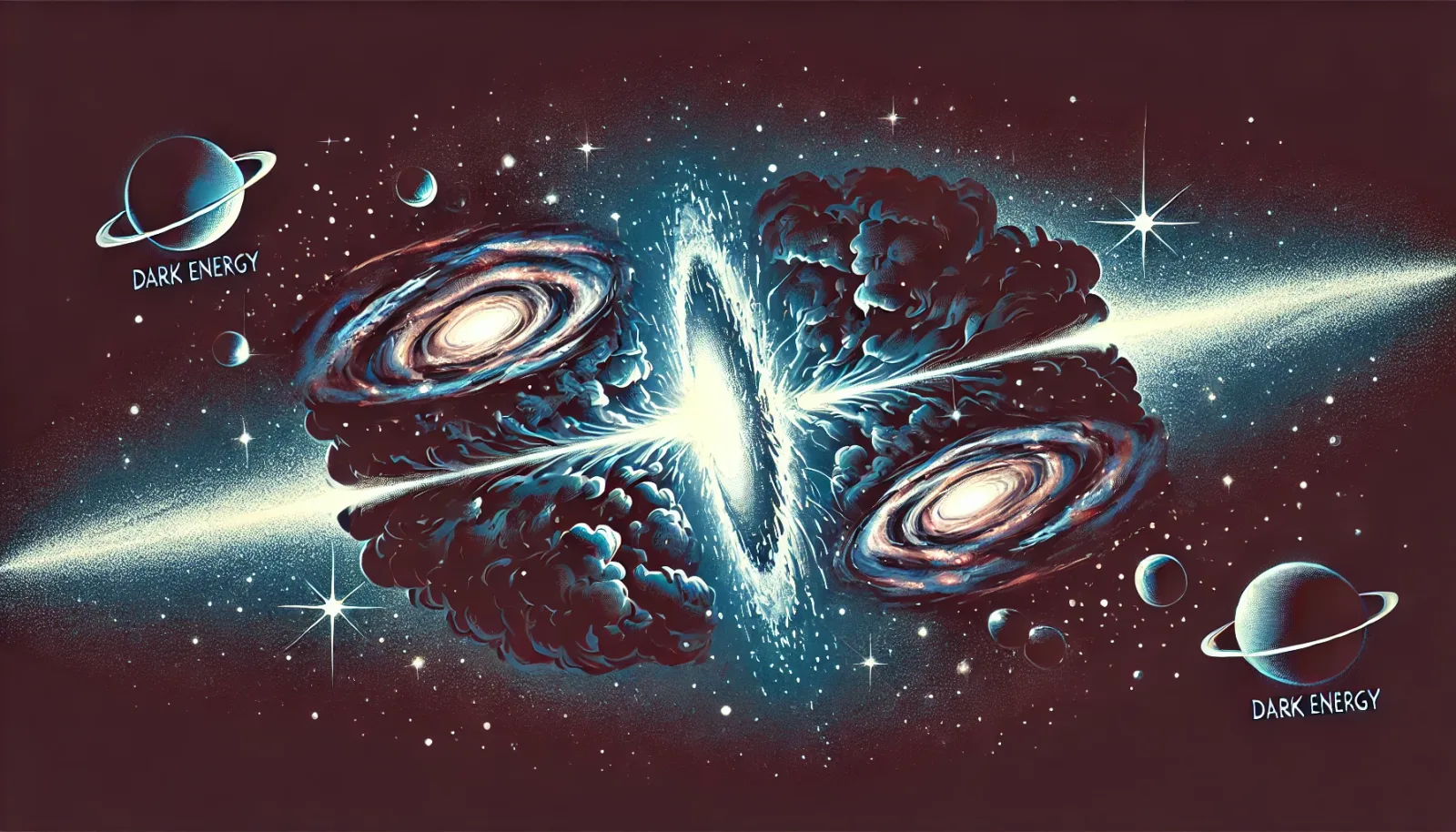 Illustration depicting the concept of dark energy as an unseen force pushing the universe apart. The scene shows galaxies being pushed away from each other in the vast expanse of space, with deep space elements like stars, nebulae, and cosmic dust. The color scheme features dark tones with bright highlights to represent the mysterious and invisible nature of dark energy.