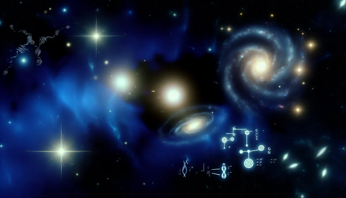 A visually stunning depiction of a cosmic landscape featuring several glowing galaxies and stars. The image is dominated by a swirling spiral galaxy and luminous stars set against a blue and black backdrop. Abstract, scientific diagrams and symbols are superimposed on the scene, with complex patterns suggesting advanced concepts. The theme of dark matter is illustrated by the mysterious and intricate interplay of light and dark areas in the universe.