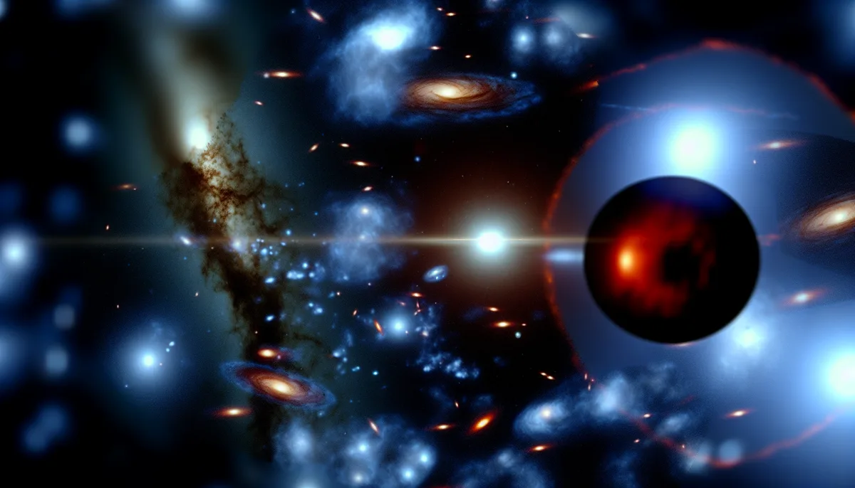 Alt Text: A brilliant depiction of an abstract space scene showing galaxies, bright stars, luminous nebulae, and cosmic clouds illustrating Dark Matter Distributions. The image features swirling galaxies, glowing clusters, and a dark spherical object amidst a cosmic landscape, emphasizing the dynamic and mysterious nature of the universe.