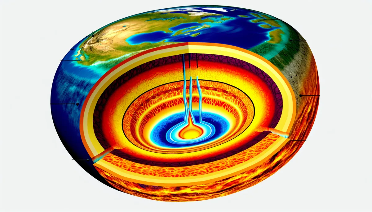Illustration of Earth's interior cross-section showing the crust, mantle, outer core, and inner core. The outer layers display landmasses and oceans, while the inner layers feature vibrant colors representing the different temperatures and compositions, with the core glowing brightly.