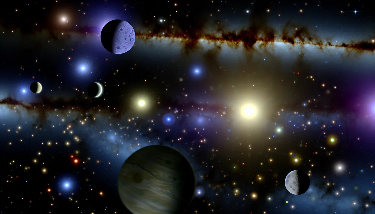 A cosmic scene featuring several planets and moons floating in a vast star-filled space with the Milky Way galaxy's band visible in the background. The image showcases the theme "Galactic Ghosts: Rogue Planets" with the planets illuminated by various light sources, creating an ethereal and mysterious ambiance.