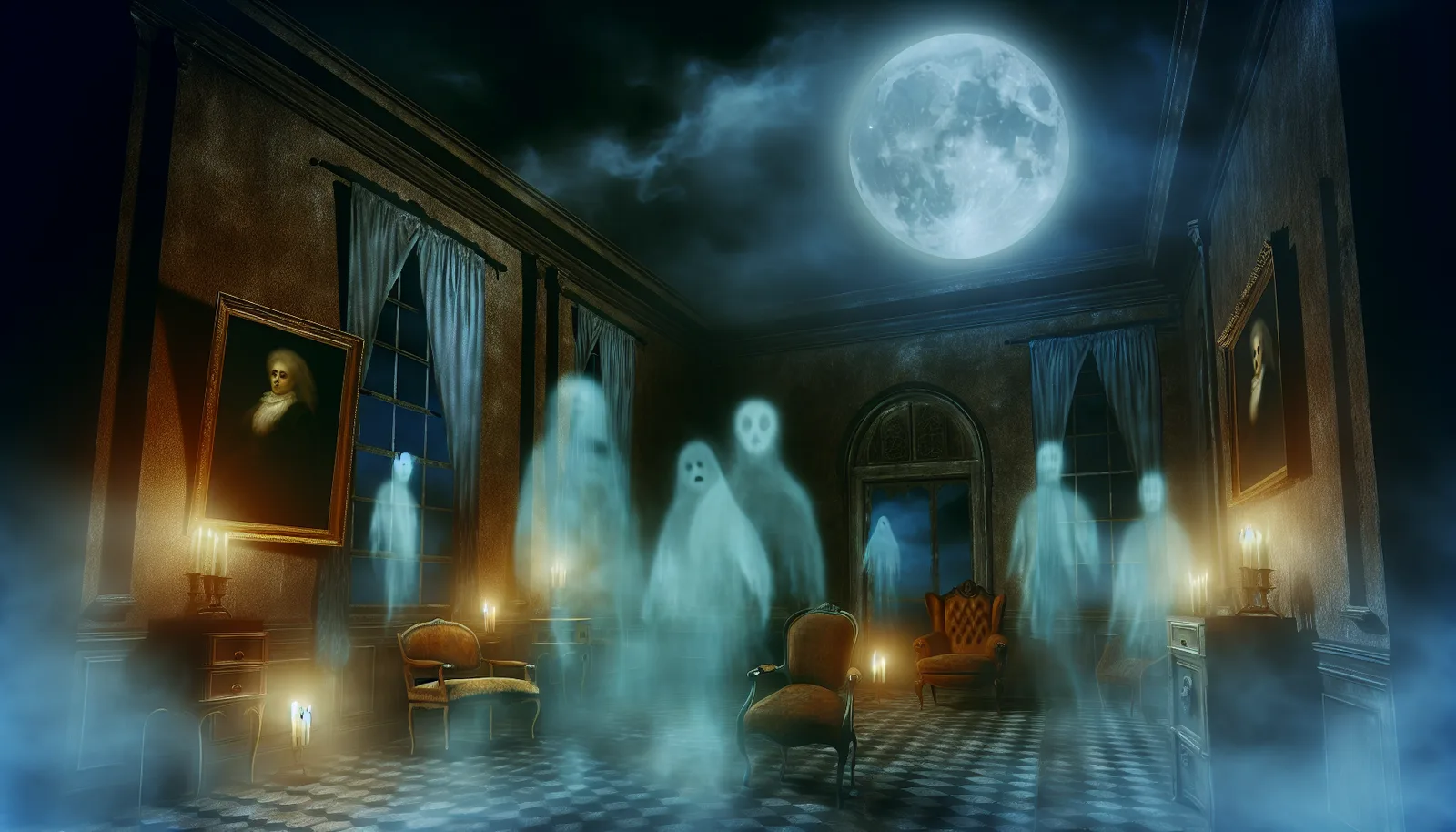 Alt Text: A haunted room illuminated by moonlight showcases ghostly apparitions floating amidst antique furniture and eerie portraits. The atmosphere is filled with a spectral glow, casting shadows on the checkered floor and walls, emphasizing a sense of spooky presence. A realistic full moon can be seen through the windows, adding to the haunted ambiance.