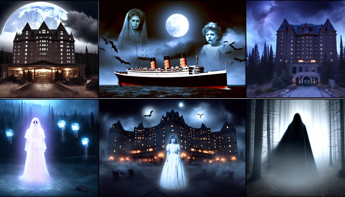 A collage of eerie, nighttime scenes featuring haunted hotels and ghostly figures. The top left and top right images show two different grand hotels under a full moon with dark, ominous skies. The top middle image depicts an old ship on the water with ghostly faces and bats in the sky. The bottom left image presents a glowing ghostly figure standing in front of a forest. The bottom middle image illustrates a haunted hotel with a spectral woman in front, and the bottom right image shows a dark, cloaked figure in a misty forest. The theme centers around haunted hotels stays and supernatural occurrences.