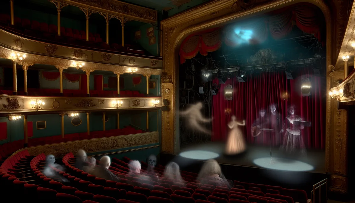 Alt Text: A dimly lit theater with ornate gold detailing and red velvet seats appears haunted, with ghostly figures of performers on stage and spectral audience members scattered among the seats. The scene evokes a spooky atmosphere, reminiscent of haunted theaters, with eerie apparitions seemingly engaged in a ghostly performance.