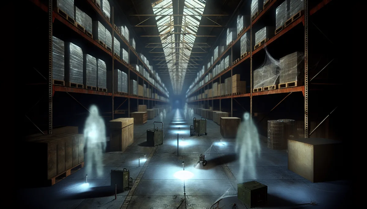 Alt Text: "A dimly lit, eerie warehouse with high shelves filled with pallets and crates. Ghostly apparitions float along the central aisle, highlighted by dim spotlights on the floor, creating a haunting atmosphere. Cobwebs hang from the shelves, and various crates and equipment are scattered around. The scene feels otherworldly and depicts haunted warehouses."
