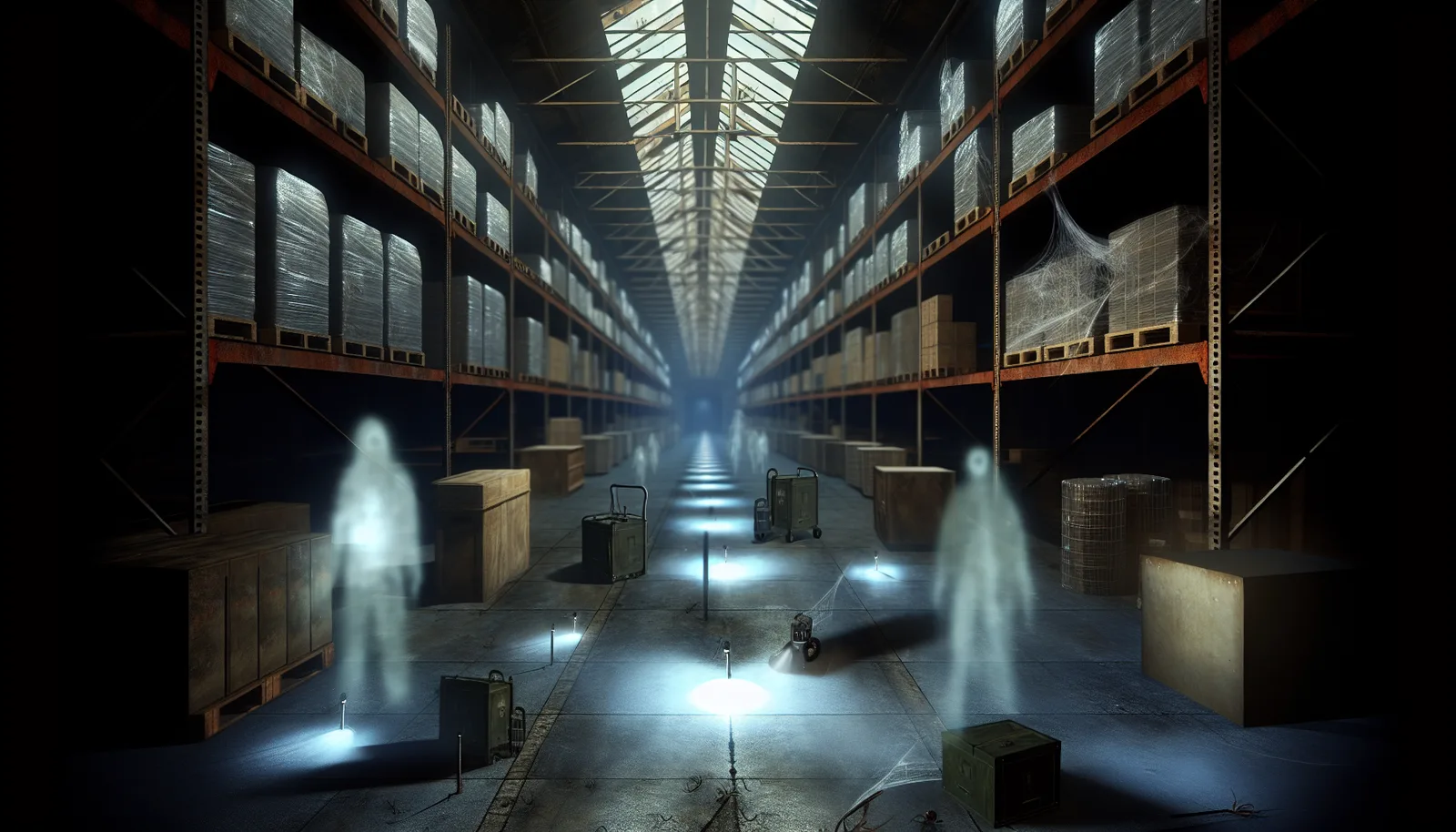 Alt Text: "A dimly lit, eerie warehouse with high shelves filled with pallets and crates. Ghostly apparitions float along the central aisle, highlighted by dim spotlights on the floor, creating a haunting atmosphere. Cobwebs hang from the shelves, and various crates and equipment are scattered around. The scene feels otherworldly and depicts haunted warehouses."
