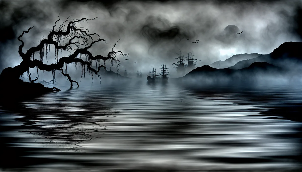 An eerie, monochromatic scene titled "Haunted Waterways" features a dark, misty landscape with twisted, leafless trees draped in moss, their reflections mirrored on still water. Ghostly sailing ships drift in the background, partially obscured by fog, under a brooding sky with a faint, haunting light illuminating the surroundings.