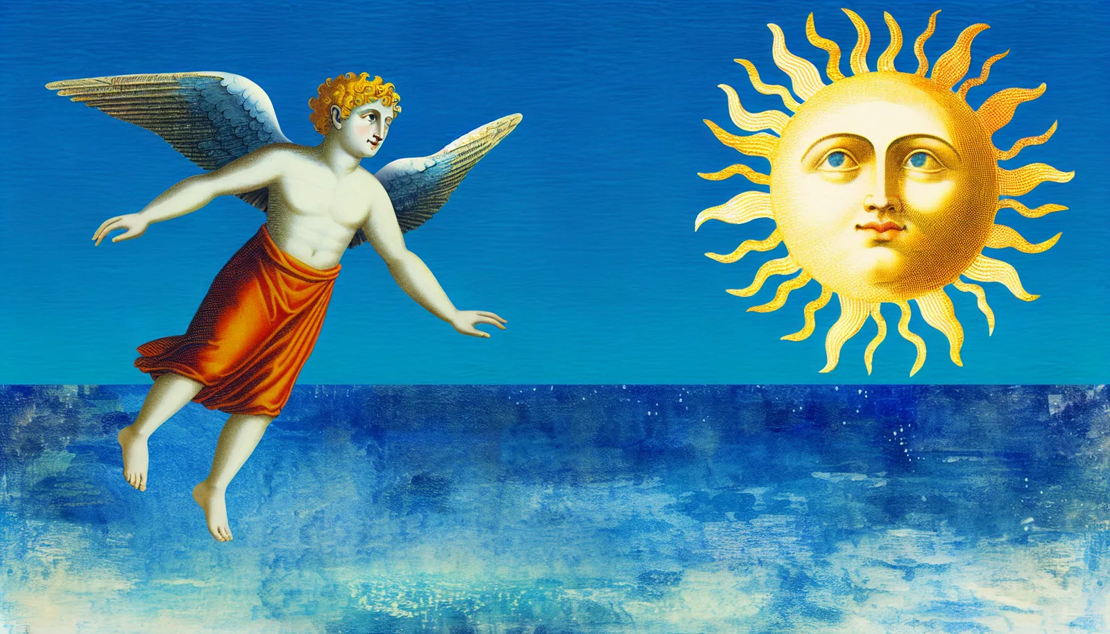 Alt Text: "Illustration of Icarus with wings, flying near a golden, radiant sun above a serene blue ocean."