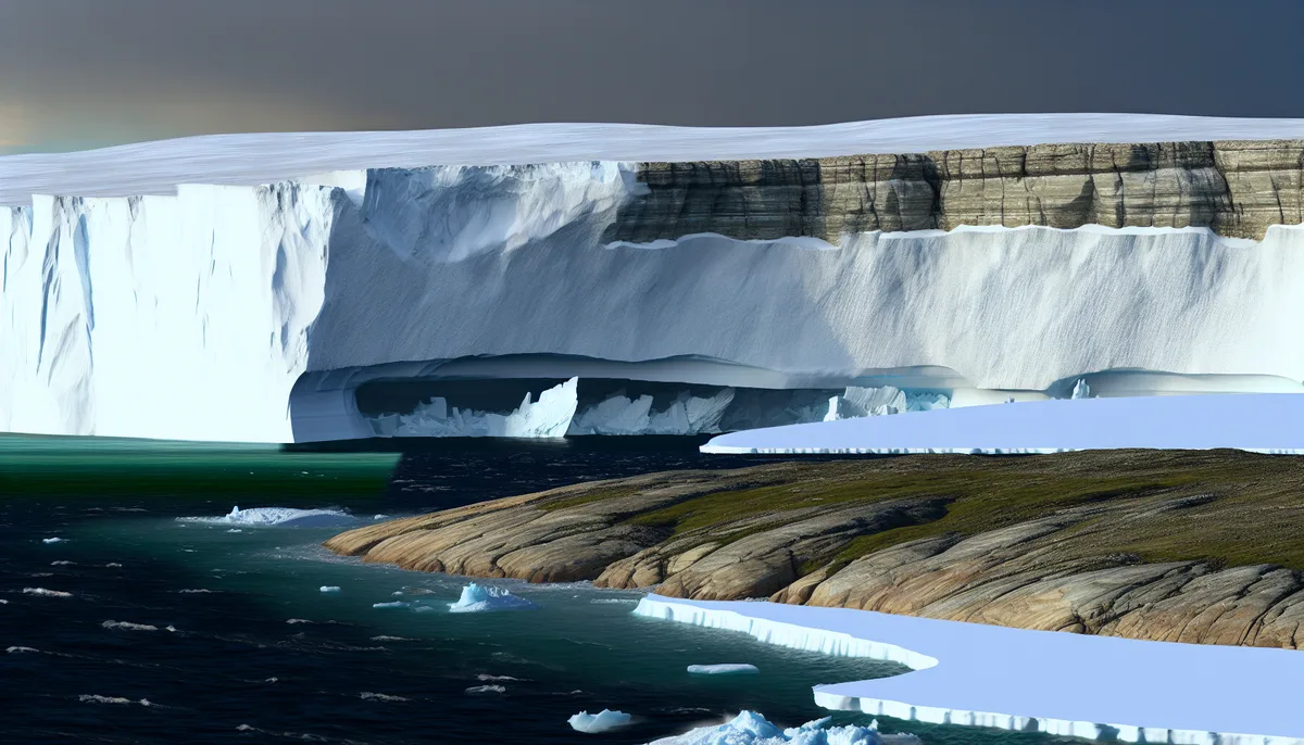 Alt Text: Panoramic view of massive ice shelves with sheer vertical faces extending from a snowy top surface down to the dark ocean. In the foreground, rocky land formations with sparse vegetation are surrounded by smaller chunks of ice floating in the water. The sky above is partly cloudy, casting a serene but cold atmosphere over the scene.