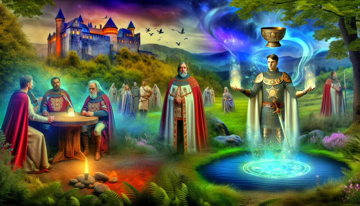 Alt Text: A fantasy illustration featuring King Arthur and his knights. In the center, King Arthur stands in armor and a glowing magical circle by a mystical pool, his hands emitting light towards a levitating golden chalice. To the left, three knights in red and beige robes convene around a wooden table with a single candle on it, while a medieval castle stands in the background under a vibrant, colorful sky with birds flying. Several other knights and cloaked figures are seen dispersed across the green landscape, indicating a sense of gathering and mysticism.
