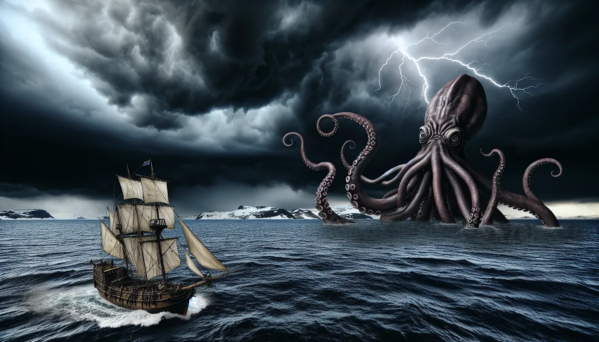 A large wooden sailing ship navigates stormy seas under a dark, cloudy sky with lightning. In the background, a colossal Kraken with numerous tentacles emerges from the water, towering over the ocean. Snow-covered mountains can be seen on the horizon.