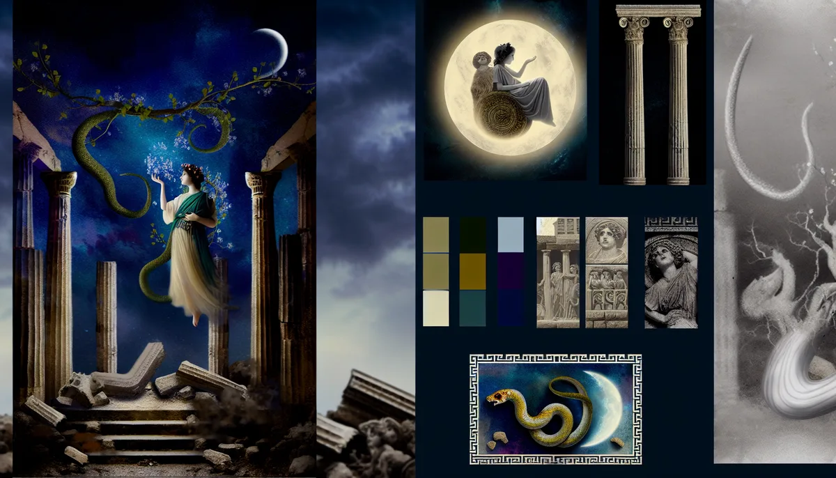 Alt Text: A mystical collage depicting ancient Greek themes. The central image features a woman in a flowing dress, adorned with flowers, standing among crumbling pillars in a dark, starry environment with a crescent moon. A serpent and a branch entwined with leaves surround her, evoking the myth of Lamia. Surrounding the central image are various classical elements, including Greek columns, a woman sitting on a glowing moon with an owl, color palettes, architectural reliefs, and a scene featuring a snake on a dark blue background.