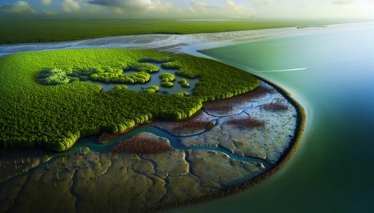 Aerial view of a lush, dense mangrove forest expanding along the coastline, showcasing the vibrant green trees and intertwining waterways. The image captures the essence of mangrove expansion as the forest edges extend towards the tidal flats and open water, illustrating the dynamic interaction between land and sea.