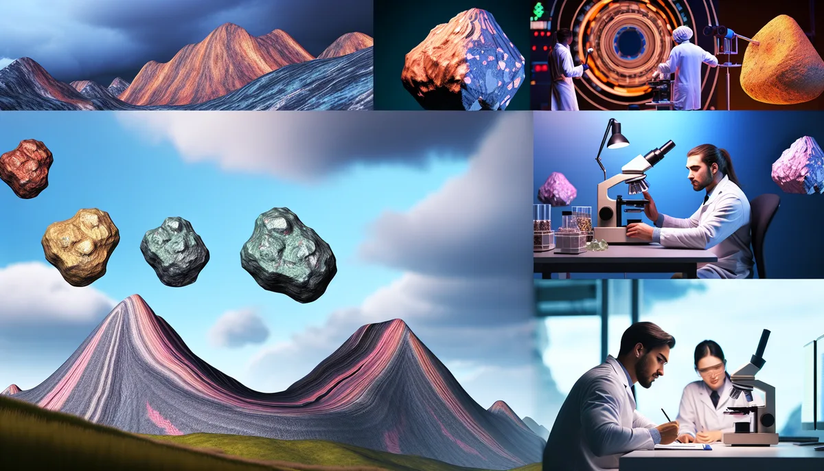 A collage image focusing on mineral deposits. The image includes a variety of scenes: mountains with colorful layers suggesting mineral content, scientists analyzing mineral samples under microscopes, and various rocks floating in the sky. There is a mix of lab environments with researchers and innovative technology, enhancing the theme of geological and mineral deposit analysis.