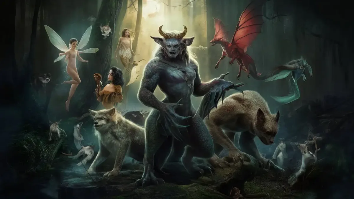 Fantasy scene featuring various mythical creatures in a dark forest. A central horned beast stands surrounded by fairies, a red dragon, wolves, and other magical beings. The setting is mystical with shafts of light breaking through the trees.