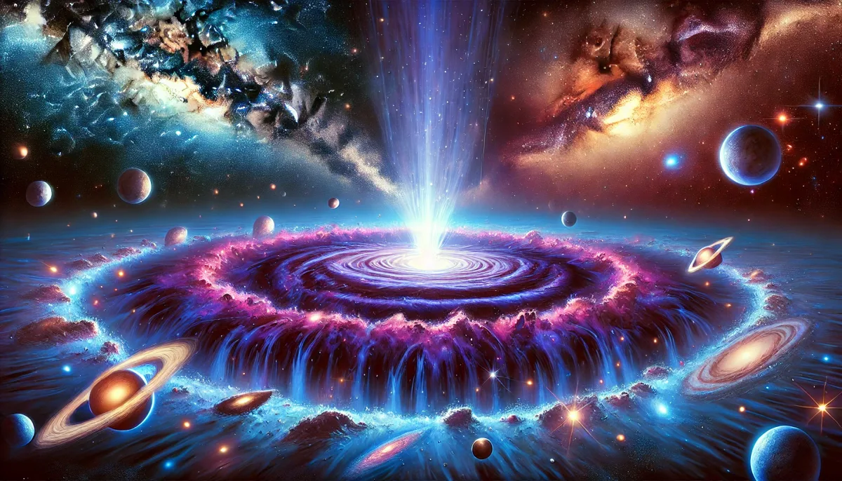Illustration of the Great Attractor, a gravitational anomaly in the Laniakea Supercluster. The image shows the Milky Way and other galaxies being pulled towards a dense, mysterious region surrounded by cosmic dust. The vibrant cosmic scene includes stars, galaxies, and nebulae, with colors in deep blues, purples, and radiant bursts of light.