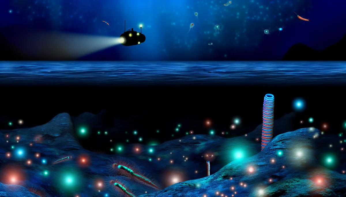 Alt Text: An underwater scene depicting ocean depths with a small submarine exploring the dark environment. The submarine has bright lights, illuminating the surrounding area. Various bioluminescent creatures and organisms can be seen, glowing in the dark waters near the seafloor. tubeworm structure and glowing particles dot the rocky underwater landscape.