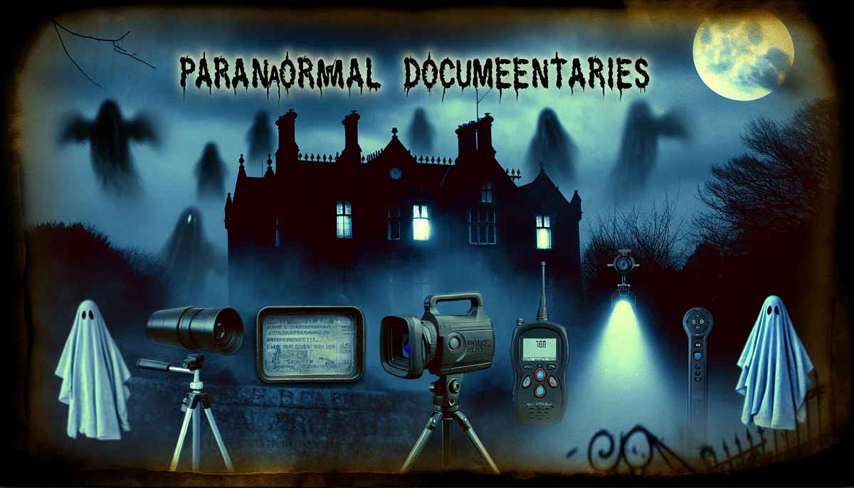 A spooky scene with the text "Paranormal Documentaries" at the top. The background shows a dark, eerie mansion with illuminated windows and shadowy ghost figures hovering around. The foreground features various ghost-hunting equipment, including cameras on tripods, a night vision device, and other investigative tools. The full moon and bare tree branches add to the haunting atmosphere.