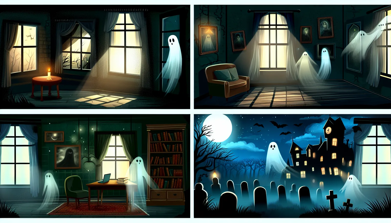 A series of illustrations depicting various paranormal experiences. In the top left, a candlelit room with ghostly apparitions outside the window; the top right shows a haunted room with ghosts floating near a window and eerie paintings. The bottom left showcases a study with a ghost near a desk and bookshelves; the bottom right features a spooky cemetery with ghosts and a haunted house under a full moon, with bats flying in the background.