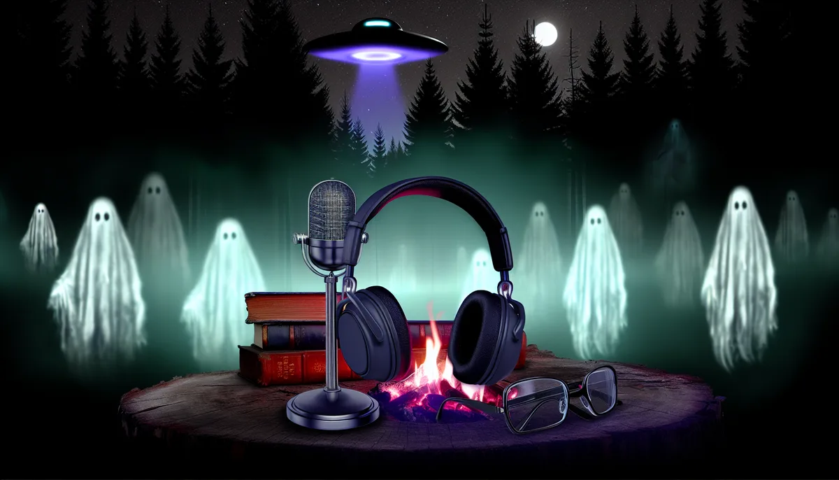 Alt Text: An illustration featuring a night forest backdrop with ghostly figures and a UFO hovering above. In the foreground, there are a microphone, a pair of headphones, a stack of books, and a pair of glasses resting on a tree stump. The image evokes themes related to paranormal podcasts.