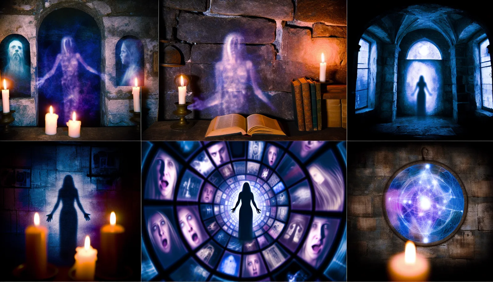 Alt Text: A collage of six eerie and mystical images depicting paranormal theories. The top left image shows ghostly figures and candles. The top middle showcases a spectral figure emerging from a stone wall with an open book and candles below. The top right displays a silhouette of a ghostly figure in a dark, arched hallway illuminated by a full moon. The bottom left picture has a ghostly shadow on the wall with candles in the foreground. The bottom middle presents a tunnel filled with frightened faces and a central ghostly figure. The bottom right features a round window displaying mystical energy patterns with a candle in the foreground.