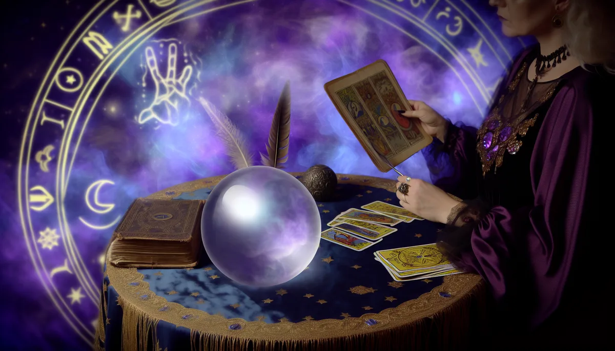 Alt Text: A person in a dark, mystical setting is performing psychic readings. The scene includes a large crystal ball on a decorated table alongside tarot cards, an open book, and a feather quill. In the background, there are astrological symbols and a hand diagram glowing based on a purple and starry cosmic backdrop. The person is dressed in a purple and black attire, enhancing the mystical atmosphere.