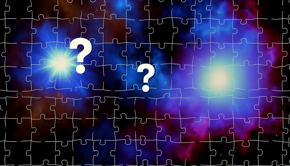 Jigsaw puzzle pieces are superimposed over a vibrant, cosmic background with brilliant flashes of blue and purple light, representing puzzling gamma-ray bursts. There are two large white question marks on the image, emphasizing the mystery of these bursts in space.