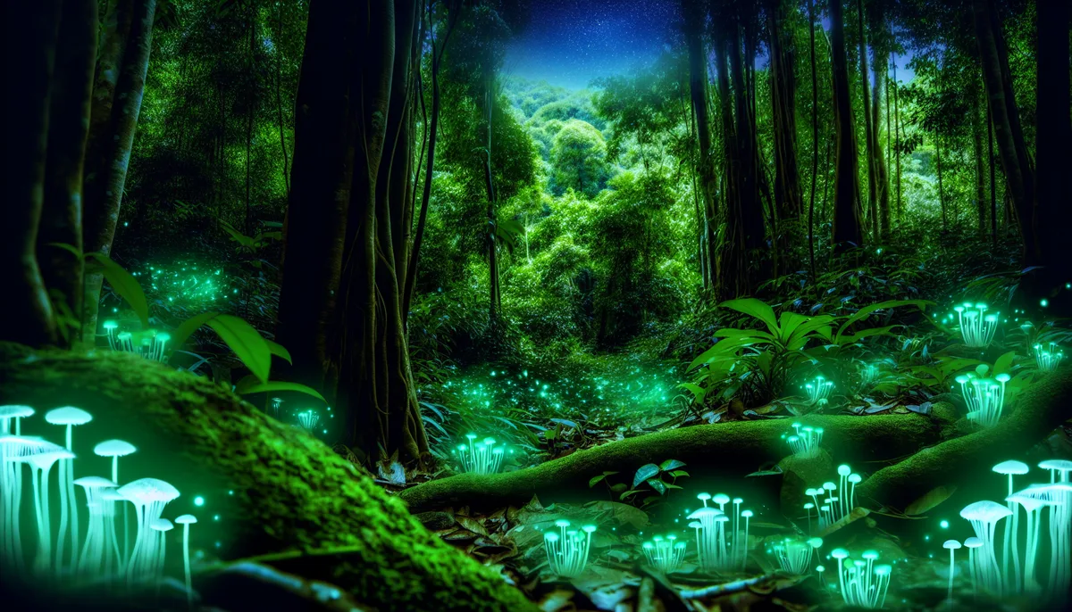 A mystical forest scene illuminated by bioluminescent rare fungi, which glow with a greenish-blue light. The tall trees and dense vegetation are bathed in this ethereal light, creating an enchanting and otherworldly atmosphere. The night sky with stars is visible in the background, adding to the magical ambiance.