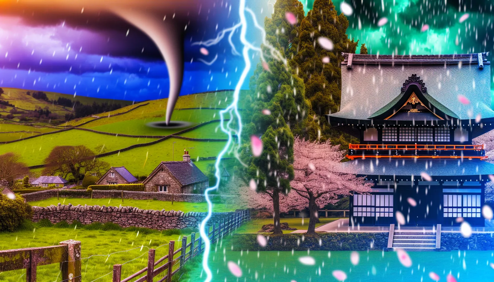 Alt Text: Image depicting rare weather conditions with a distinct split. On the left, a rural scene with green fields and cottages is overshadowed by a dark, stormy sky featuring a tornado. On the right, a serene, traditional building surrounded by cherry blossom trees is under a slightly bright, more tranquil sky, separated by a lightning bolt in between the two contrasting halves. Snowflakes, raindrops, and cherry blossom petals are falling throughout the scene.