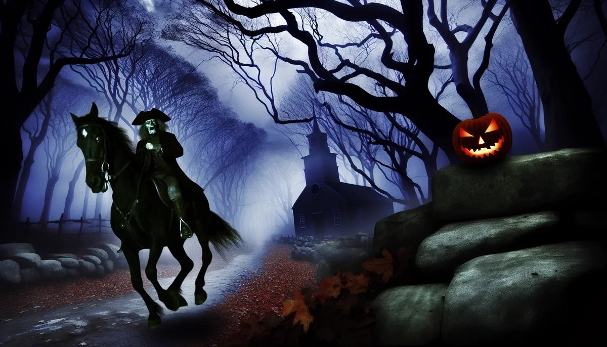 A spooky Sleepy Hollow scene featuring the headless horseman riding a black horse through a foggy forest path. On the right, a lit jack-o'-lantern sits on a stone wall, and in the background, a gothic church is partially obscured by mist and leafless trees.