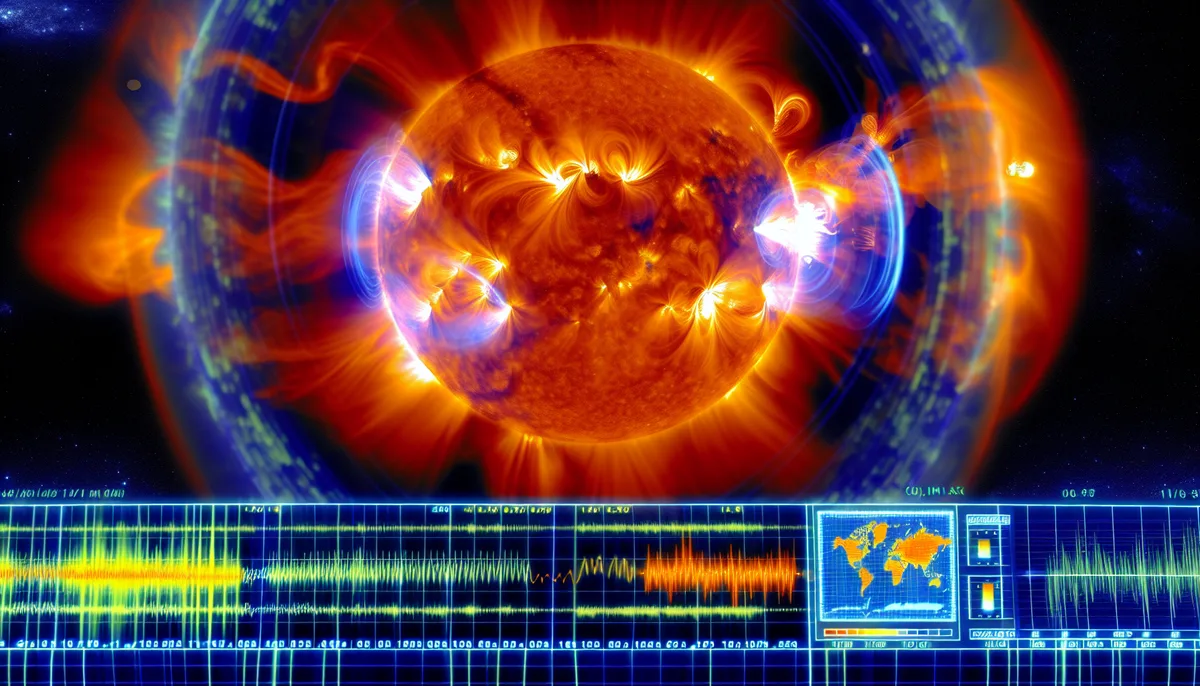 Alt Text: A vivid illustration showcasing the Sun emitting intense Solar Flares, with vibrant orange and yellow hues of the flares extending into space. Surrounding the Sun are swirling blue and purple plasma waves. Below the Sun, there is a digital interface featuring graphs with fluctuating lines and a world map, indicating solar activity data. The background is a dark starry sky.
