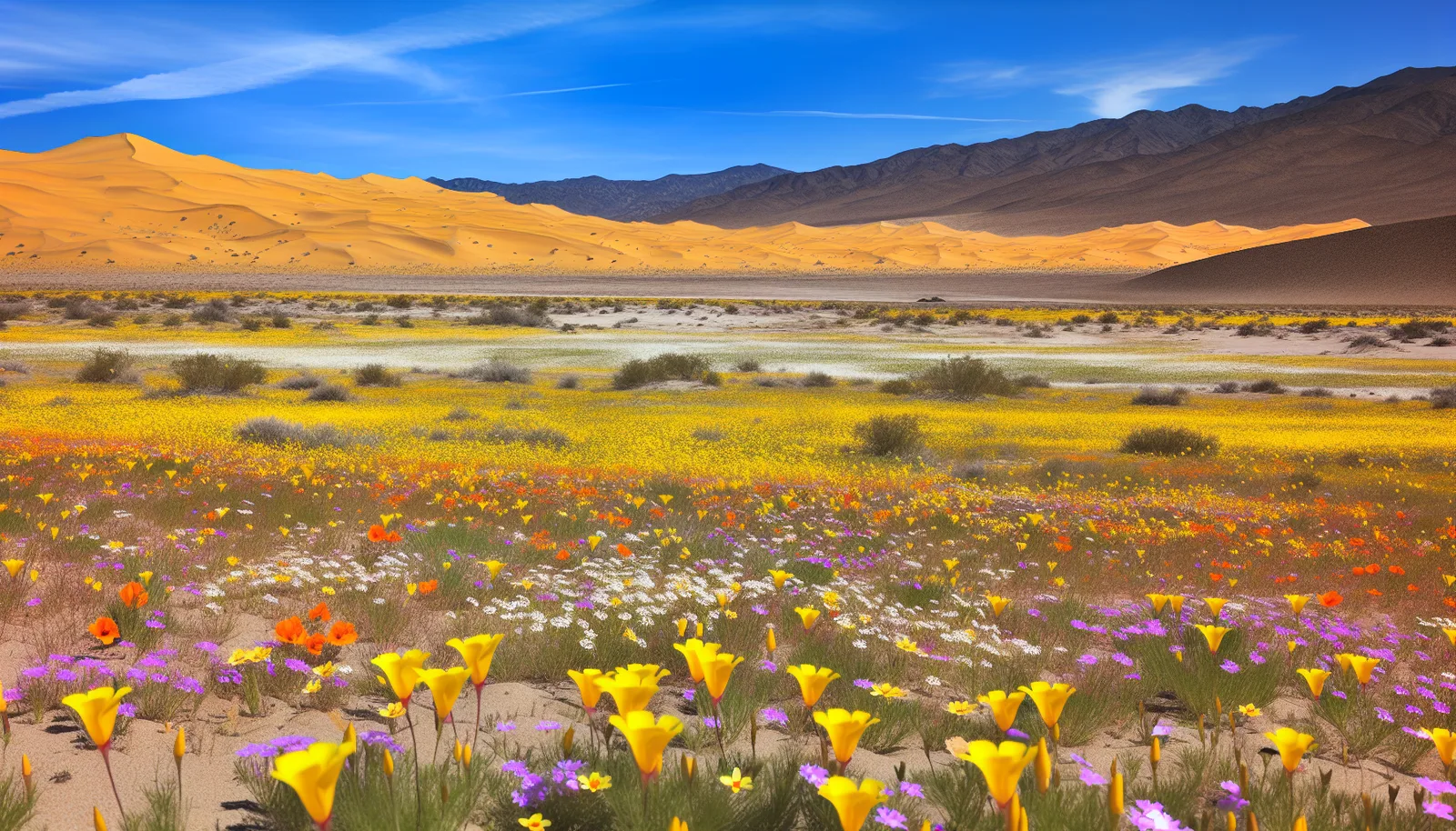 Vibrant superbloom in a desert landscape, featuring a vast array of colorful wildflowers like yellow, orange, purple, and white, stretching towards distant golden sand dunes and mountain ranges under a clear blue sky.