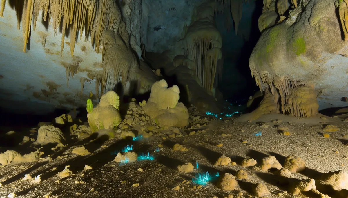 Alt Text: "A stunning view of underwater caves with intricate stalactite and stalagmite formations. The cave floor is dotted with glowing blue bioluminescent formations, creating an ethereal and otherworldly atmosphere."