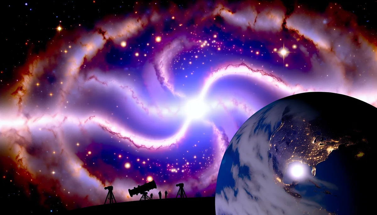 An artistic depiction of a cosmic scene featuring a brilliant, swirling nebula with vibrant colors and bright stars. In the foreground, Earth is partially illuminated by city lights on its surface. On the horizon, silhouettes of telescopes and a few people gazing at the nebula are visible. The image evokes themes of astronomical observation and cosmic exploration, titled "Unveiling the Enigmatic Mysteries of Tabby’s Star: A Scientific Exploration."