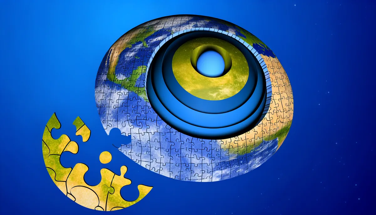 An artistic representation of the Earth depicted as a 3D spherical puzzle against a blue background. The outer layer is partially removed, revealing the internal layers and core of the planet, illustrating the concept of Unveiling the Mystifying Secrets of Earth’s Core. The exposed sections are displayed with vivid colors indicating various geological strata.