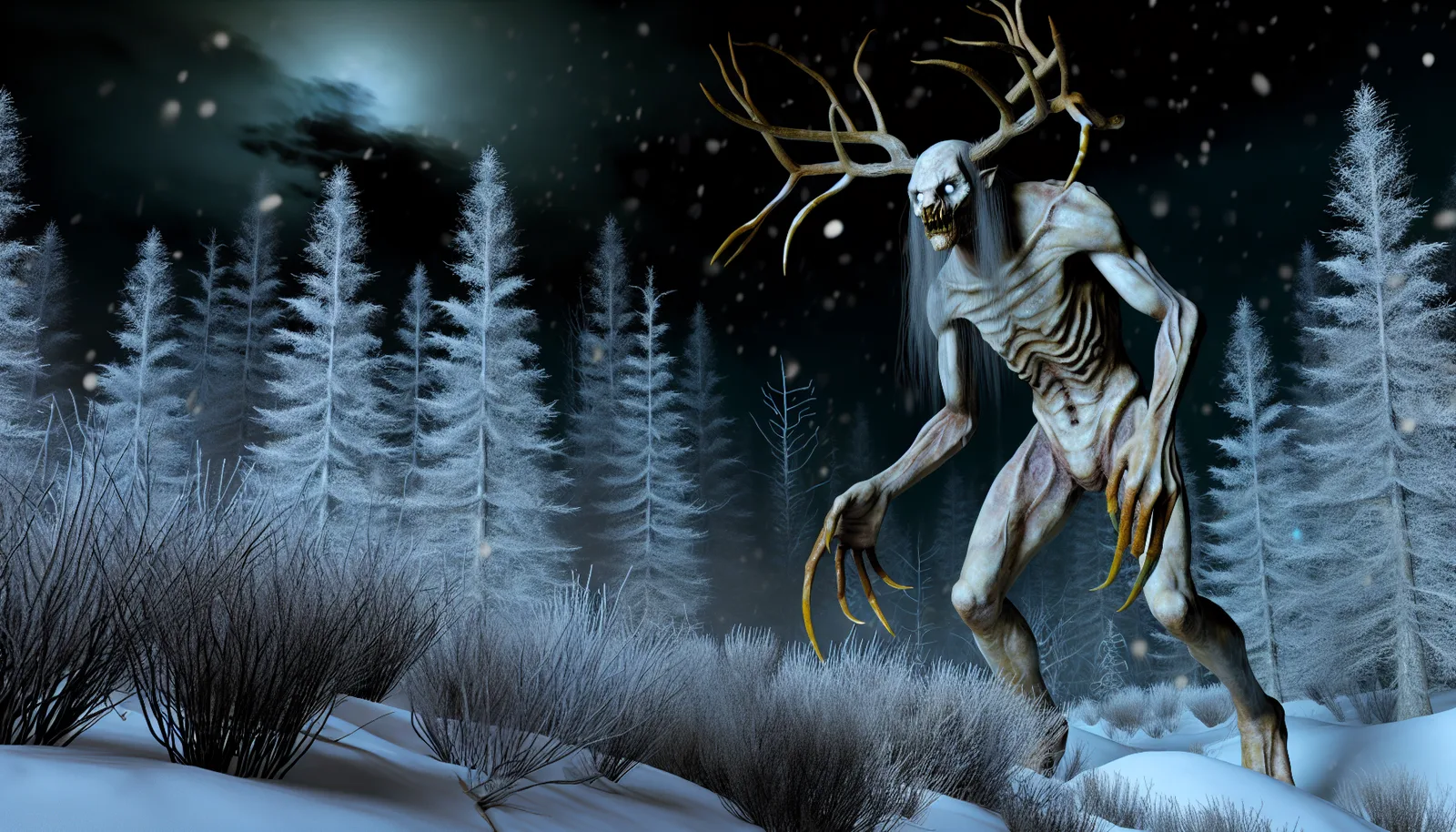 A terrifying depiction of a Wendigo, a creature from folklore, prowling through a snowy, forested landscape under a dark, cloudy night sky. The creature is emaciated and skeletal with long, sharp claws and antlers on its head, adding to its menacing appearance. Snow-covered trees and bushes surround the Wendigo, enhancing the eerie and haunting atmosphere of the scene.